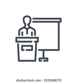 Presentation and lecture line icon. Presenter person and training vector outline sign.