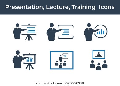 Presentation, lecture, training flat icon set 