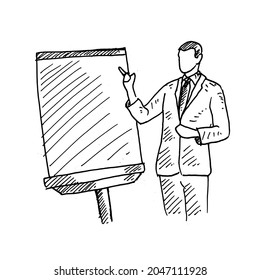 Presentation.	a lecturer is writing on a blackboard in his presentation.	Retro vintage sketch vector illustration. Engraving style. black isolated on white background. vector draw graphic design 