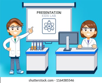 Presentation lesson in science classroom by computer. Scientific research of student. 