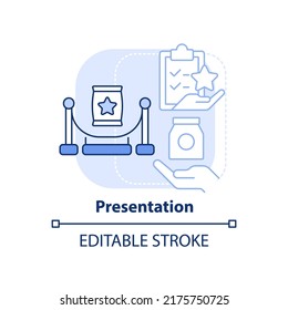 Presentation Light Blue Concept Icon. Sales Process Abstract Idea Thin Line Illustration. Showing Product Benefits. Isolated Outline Drawing. Editable Stroke. Arial, Myriad Pro-Bold Fonts Used