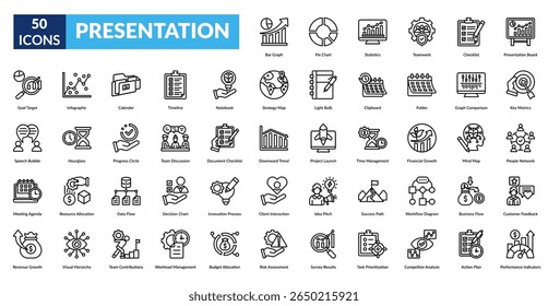 presentation line icon set. Bar Graph, Pie Chart, Statistics, Teamwork, Checklist, Presentation Board, Goal Target
