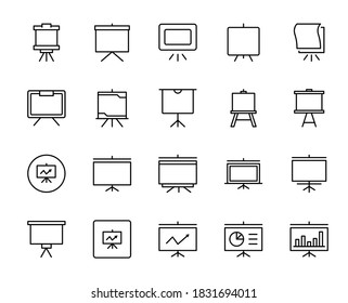 Conjunto de iconos de la línea de presentación. Colección de símbolos vectoriales en estilo plano a la moda sobre fondo blanco. Canta la web para el diseño.