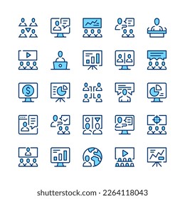 Presentation line icons. Set of presentation icons. Blue color. Vector line icons set