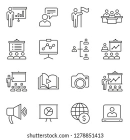 Presentation line icons. Set of lesson, coach, course, training, education and more. Vector illustration isolated for graphic and web design. Editable stroke.