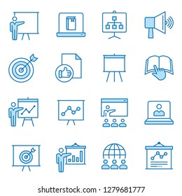 Presentation line icons. Set of lesson, coach, course, training, education and more. Vector illustration isolated for graphic and web design. Editable stroke.