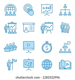 Presentation line icons. Set of lesson, coach, course, training, education and more. Vector illustration isolated for graphic and web design. Editable stroke.