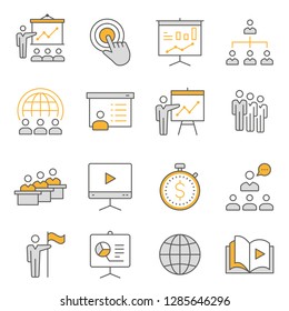 Presentation line icons. Set of lesson, coach, course, training, education and more. Vector illustration isolated for graphic and web design. Editable stroke.