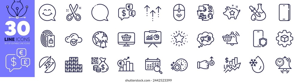 Presentation, Loyalty points and Cut line icons pack. Smile face, Phone, Electric energy web icon. Money currency, Cloud computing, Wholesale inventory pictogram. Lock. Design with pen tool. Vector