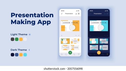 Presentation making cartoon smartphone interface vector templates set. Mobile app screen page day and dark mode design. Information organization manager UI for application. Phone display