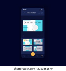 Presentation making dark smartphone interface vector template. Mobile app page design layout. Portable software. Managing information screen. Flat UI for application. Phone display