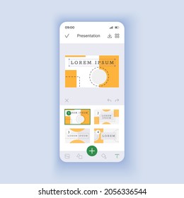 Presentation making light smartphone interface vector template. Mobile app page design layout. Project agenda. Portable software for data management screen. Flat UI for application. Phone display