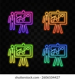 Presentation male vector icon. neon style. person with board for business and finance analysis and report symbol in an illustration.