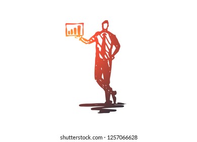 Presentation, man, chart, business, graphic concept. Hand drawn businessman presenting a chart concept sketch. Isolated vector illustration.