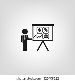 presentation manager screen and Icons set: dollar, percent, briefcase, curve
