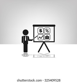 presentation manager screen and Icons set: dollar, percent, briefcase, curve