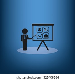 presentation manager screen and Icons set: dollar, percent, briefcase, curve