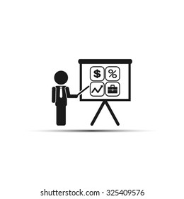 presentation manager screen and Icons set: dollar, percent, briefcase, curve