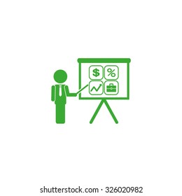 presentation manager screen and Icons set: dollar, percent, briefcase, curve