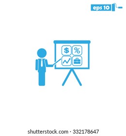 presentation manager screen and Icons set: dollar, percent, briefcase, curve