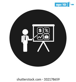 presentation manager screen and Icons set: dollar, percent, briefcase, curve