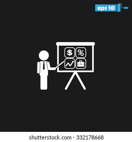 presentation manager screen and Icons set: dollar, percent, briefcase, curve