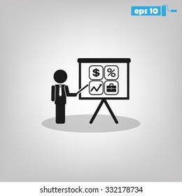 presentation manager screen and Icons set: dollar, percent, briefcase, curve