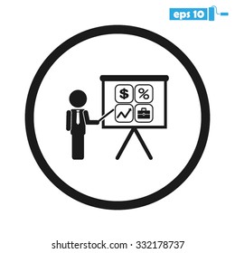 presentation manager screen and Icons set: dollar, percent, briefcase, curve