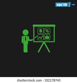 presentation manager screen and Icons set: dollar, percent, briefcase, curve
