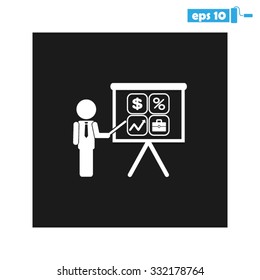 presentation manager screen and Icons set: dollar, percent, briefcase, curve