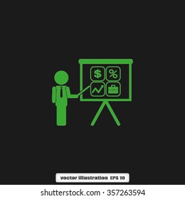 presentation manager screen and Icons set: dollar, percent, briefcase, curve