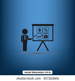 presentation manager screen and Icons set: dollar, percent, briefcase, curve