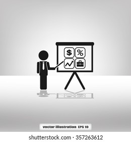 presentation manager screen and Icons set: dollar, percent, briefcase, curve