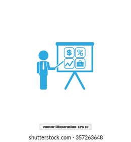 presentation manager screen and Icons set: dollar, percent, briefcase, curve