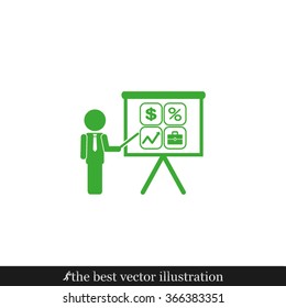 presentation manager screen and Icons set: dollar, percent, briefcase, curve