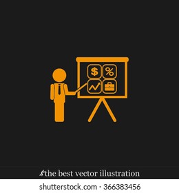 presentation manager screen and Icons set: dollar, percent, briefcase, curve