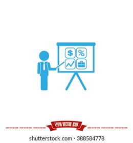 presentation manager screen and Icons set: dollar, percent, briefcase, curve