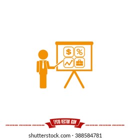 presentation manager screen and Icons set: dollar, percent, briefcase, curve