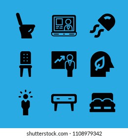 presentation, manager, toilet, cupboard, double bed, chair, laptop, mind and jellyfish vector icon. Simple icons set
