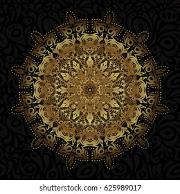 Presentation with mandala. Business and technology design book layout. Golden layout on black background. Modern vector template for brochure leaflet flyer cover catalog magazine or annual report.