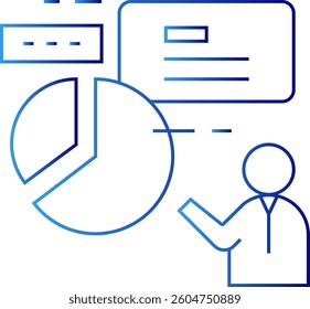 Presentation meeting icon with blue gradient outline style. class, board, education, man, diagram, chart, graphic. Vector Illustration