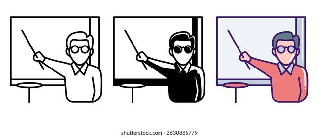 Presentation Mode icon represented by man presenting Line, Filled, Color style.