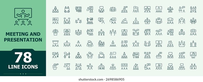 Presentation modern icon set. Minimal icons set. Vector collections. Conference icon set. Related to meeting, teamwork, brainstorm, seminar, speak and more.