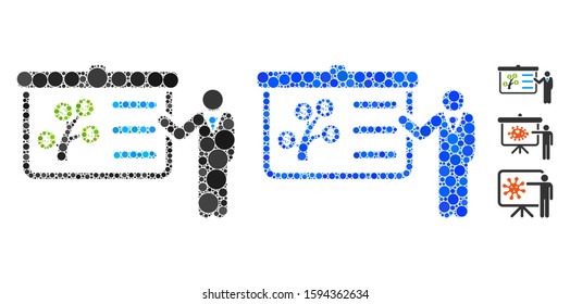 Presentation mosaic of small circles in different sizes and color tints, based on presentation icon. Vector random circles are combined into blue mosaic.