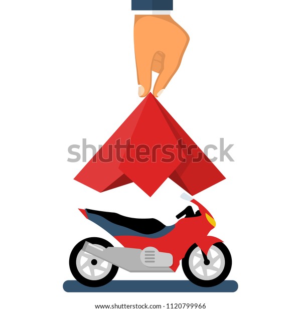 Presentation motorcycle. Moto covered red silk.\
Man hand take off cloth with chopper. Vector illustration flat\
design. Isolated on white background. Showing surprise . Exhibition\
new model.