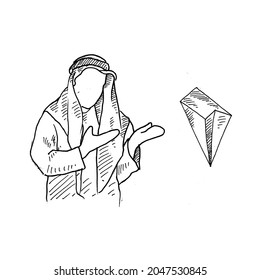 Presentation.	Muslim scientists are demonstrating a discovery in scientific research.	Retro vintage sketch vector illustration. Engraving style. black isolated on white background. vector draw graphic