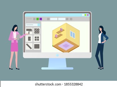 Presentation with new business project vector, engineers at work showing new program, application for 3d buildings construction online, sample approval