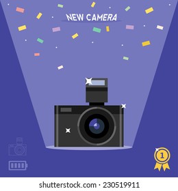 Presentation of a new camera. Announcement of modern photo camera flat vector illustration.