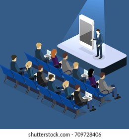 presentation of a new phone or mobile application. Business presentation meeting in conference hall. People listen to speakers. Flat 3D illustration.