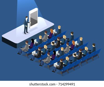 presentation of a new phone or mobile application. Business presentation meeting in conference hall. People listen to speakers. Flat 3D illustration.
